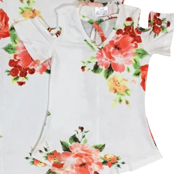 Little Girls Kids Cold Shoulder off Shoulder Floral Flower Cross Top T-shirt New - Picture 2 of 4
